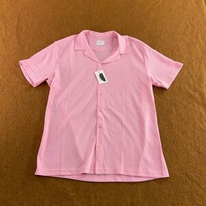 ENVY Mens Large Pink Textured Seersucker Short Sleeve Camp Collar Button Down